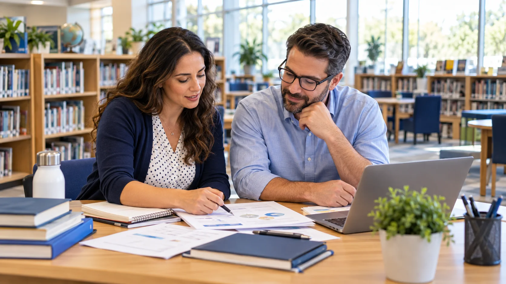 Two educators reviewing lesson materials and planning together in a school library