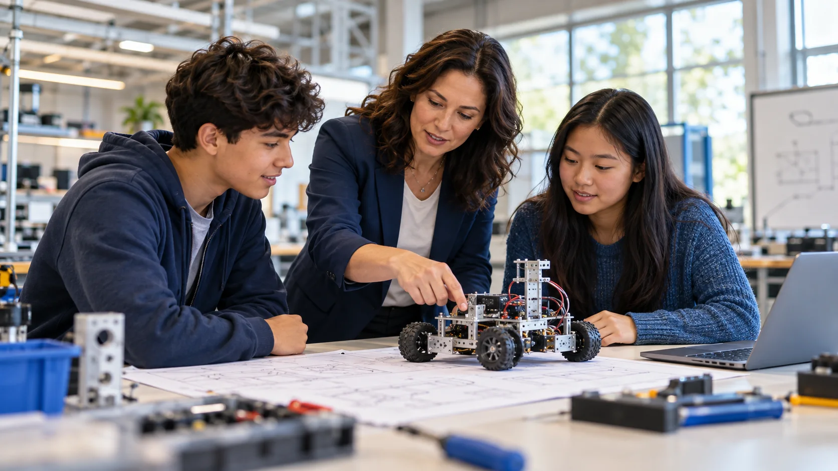 An engineering professional guiding high-school students through a robotics prototype