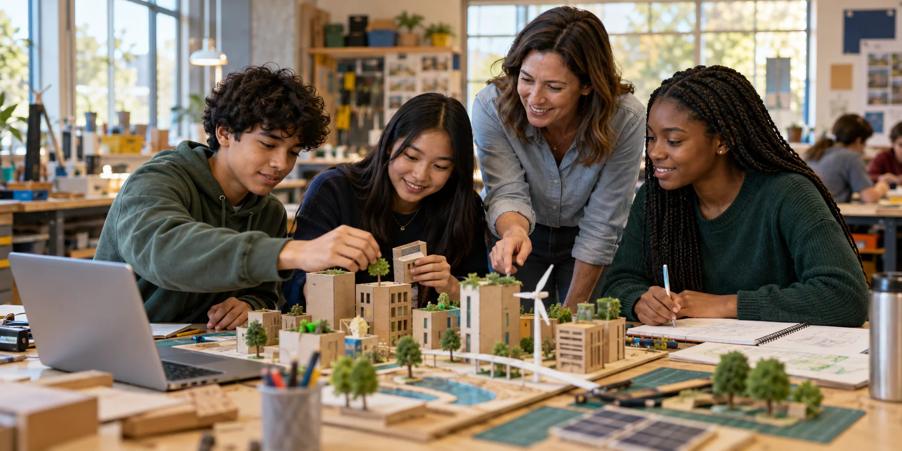 High-school students and a teacher developing a sustainable city model in a classroom