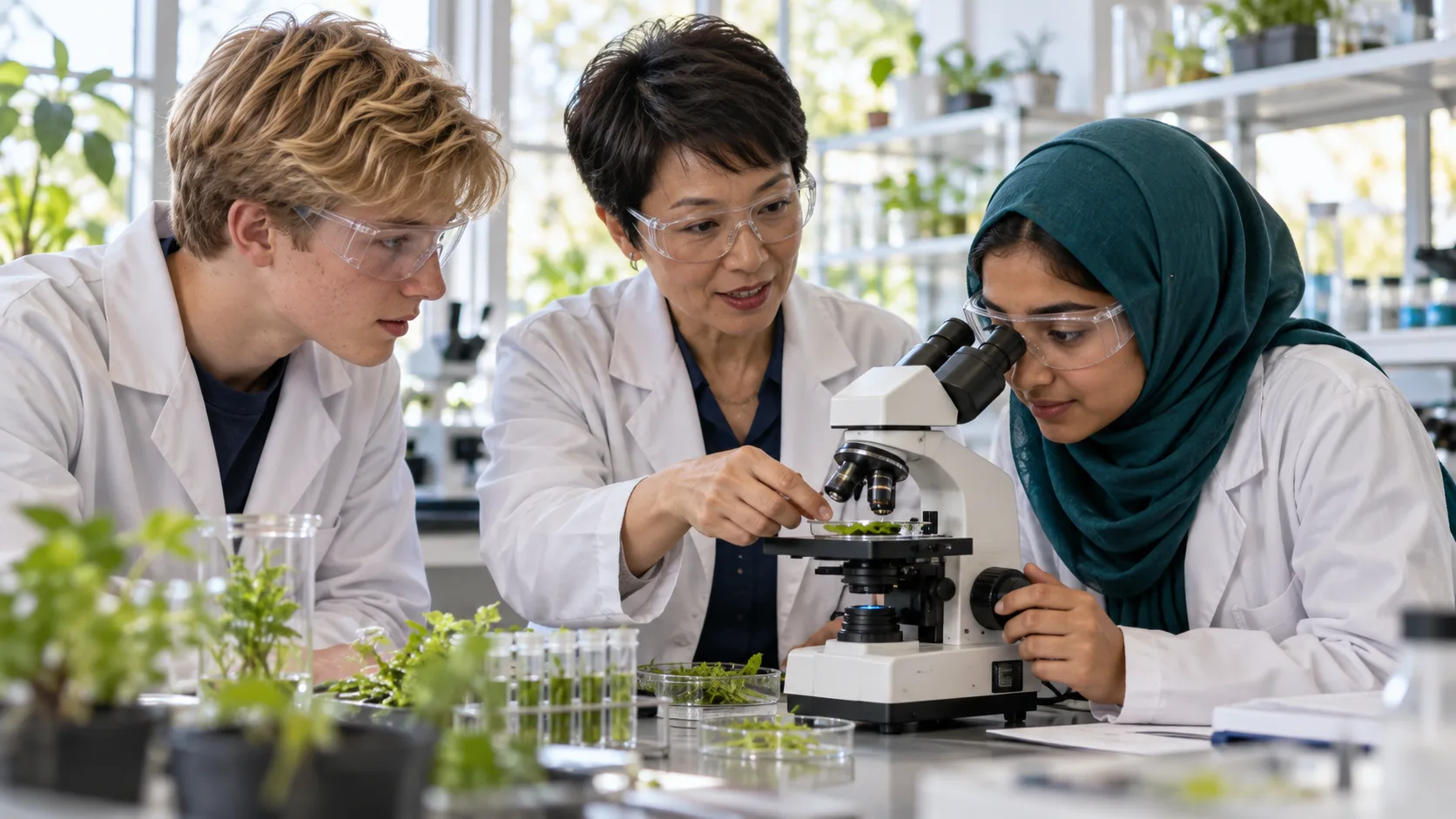 A scientist mentoring students as they examine plant samples under a microscope