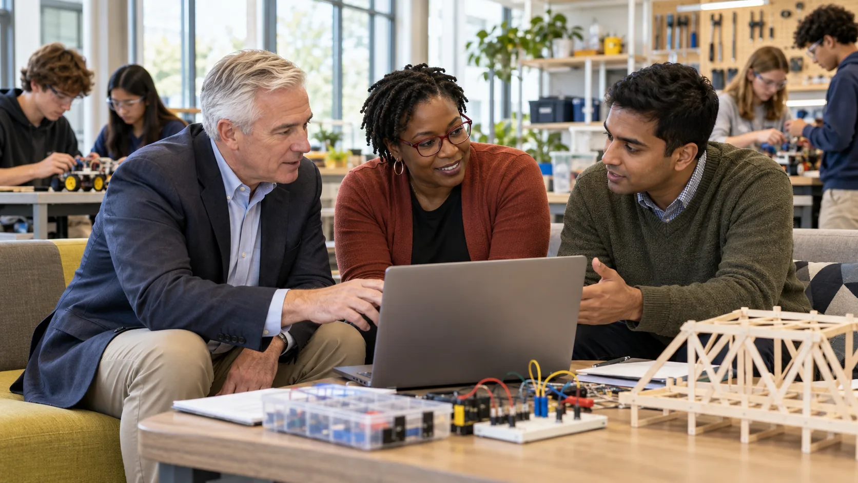 School leaders exploring STEM learning materials and a laptop demonstration in a makerspace