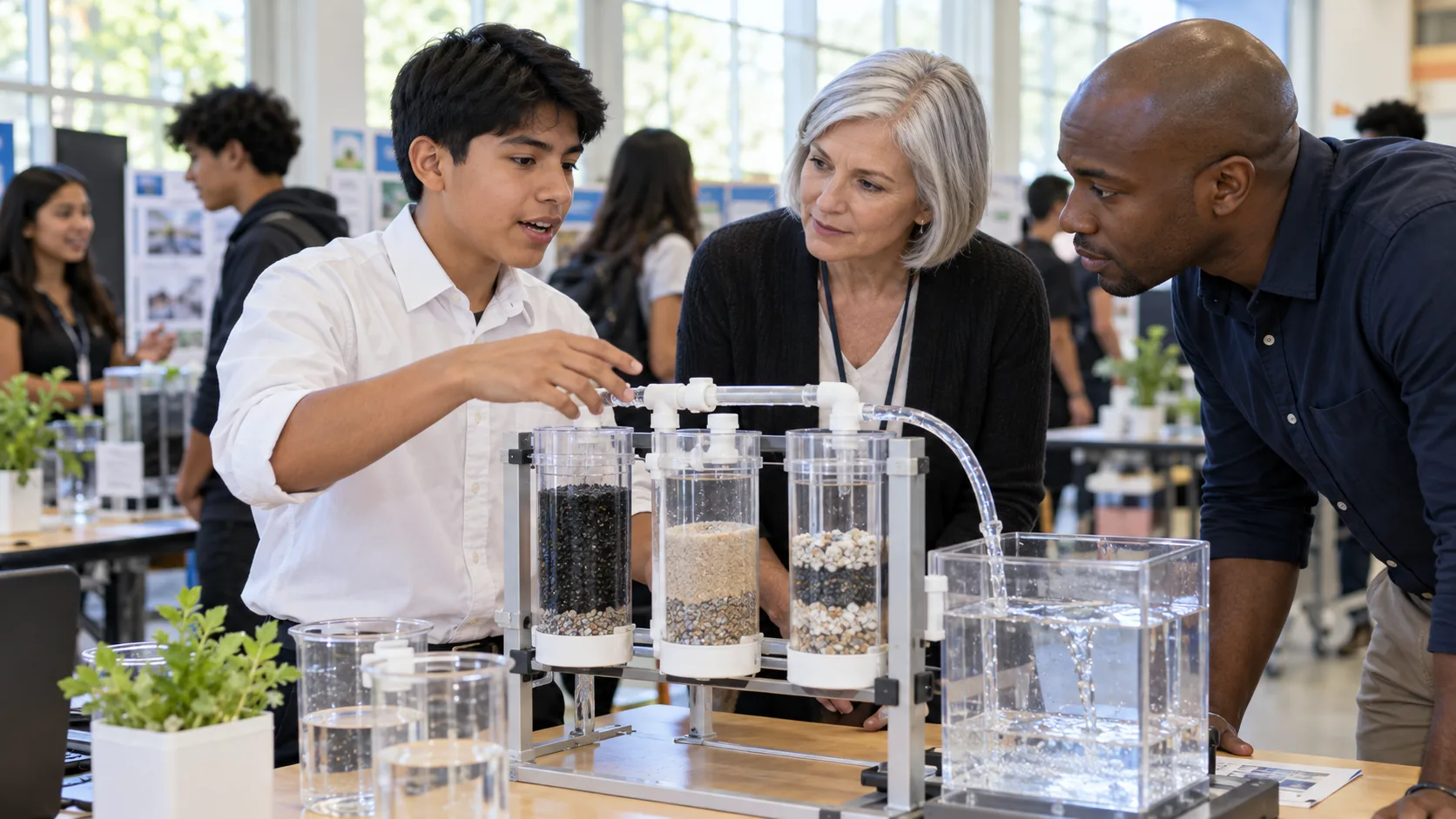 A student presenting a water-filtration project to a teacher and an engineer