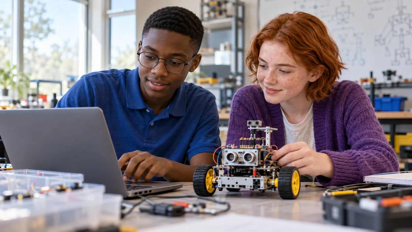 Students programming a wheeled robot together in a school coding club