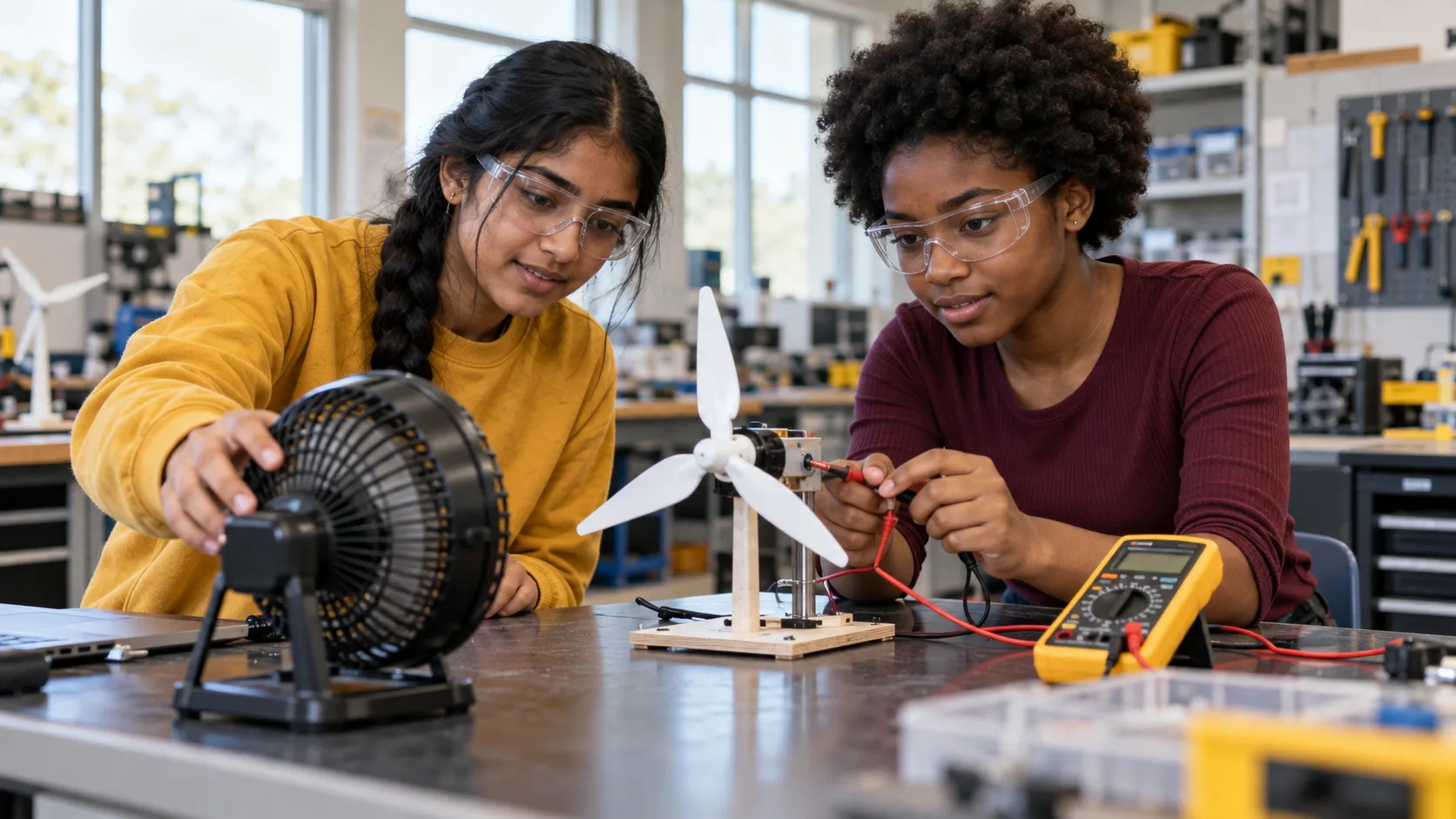 Students measuring the output of a model wind turbine in an engineering lab