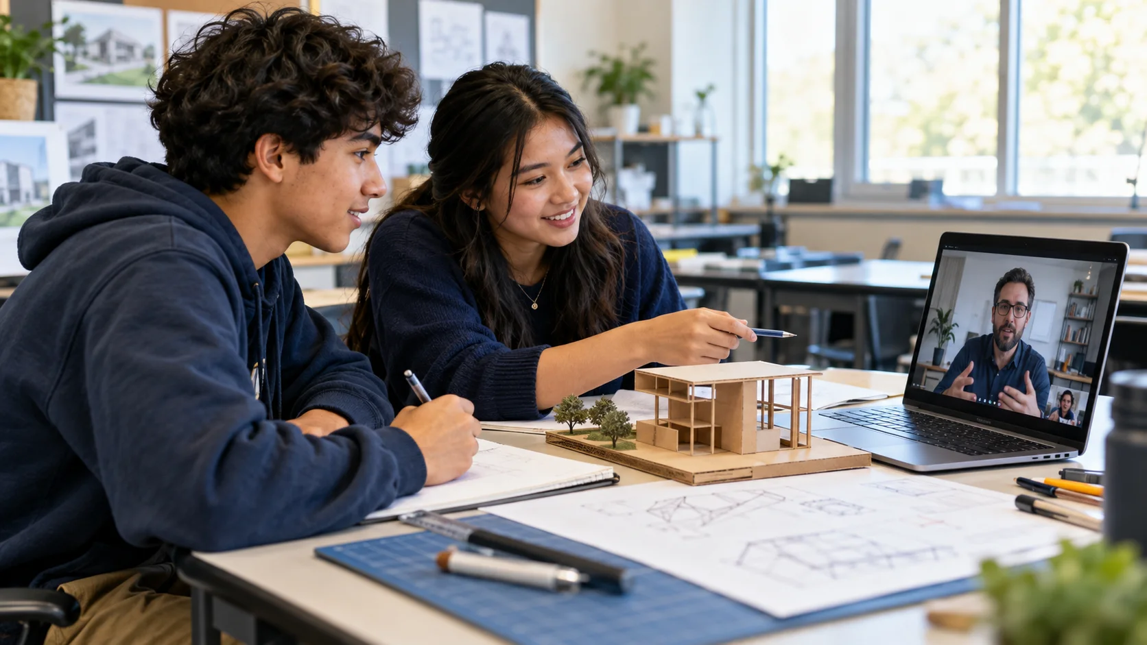 High-school students discussing an architectural model with an industry mentor on a video call